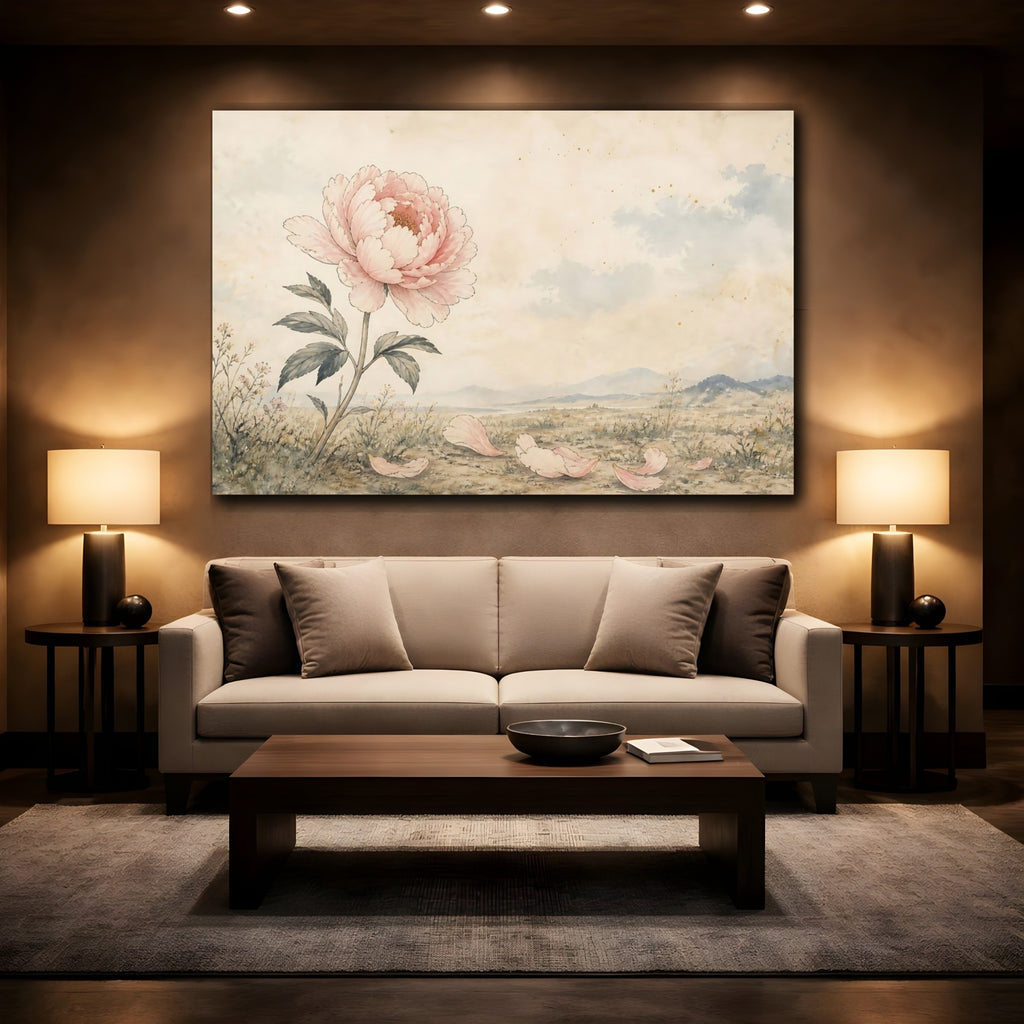 Mockup 2. Floral Peony Flower Pink Peony Beige shown as stretched canvas wall art