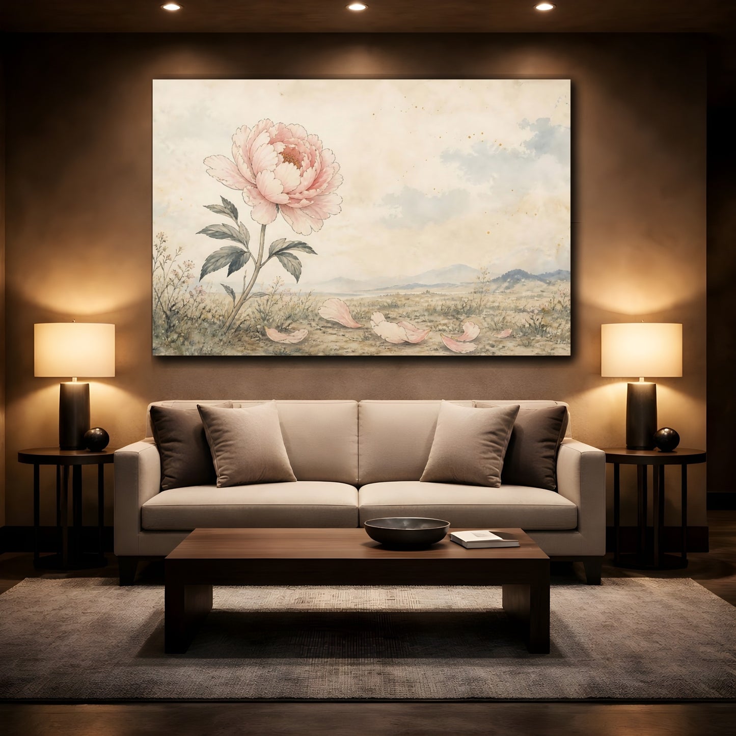 Mockup 2. Floral Peony Flower Pink Peony Beige shown as stretched canvas wall art