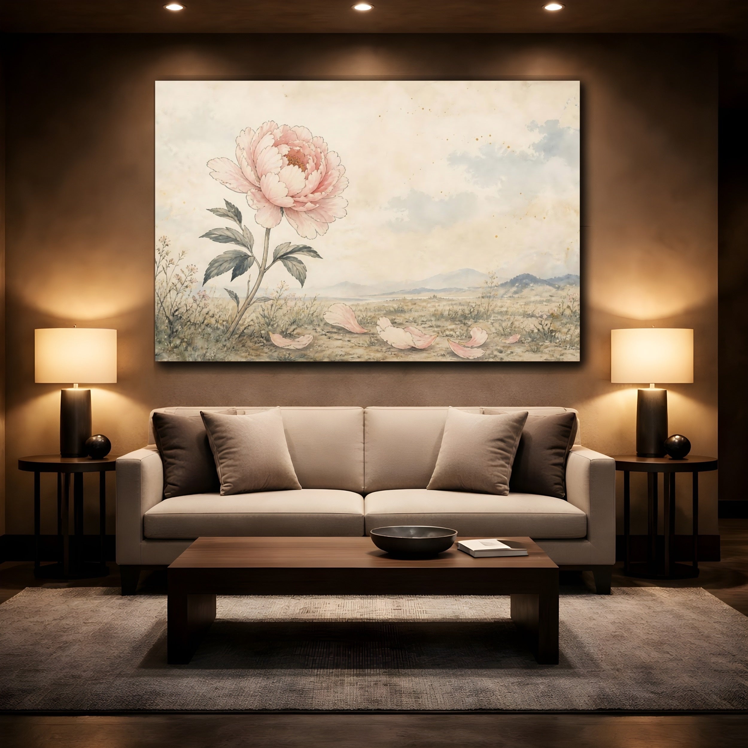 Mockup 2. Floral Peony Flower Pink Peony Beige shown as stretched canvas wall art