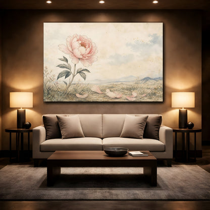 Mockup 2. Floral Peony Flower Pink Peony Beige shown as stretched canvas wall art