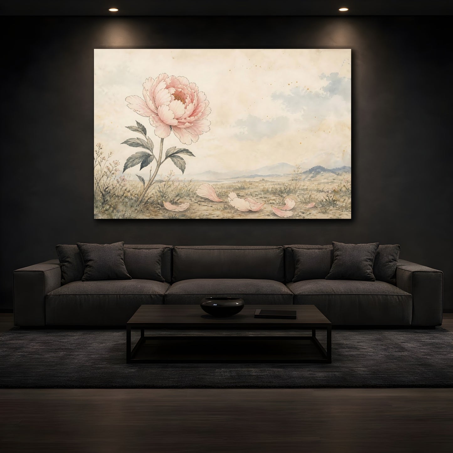 Mockup 3. Floral Peony Flower Pink Peony Beige shown as stretched canvas wall art