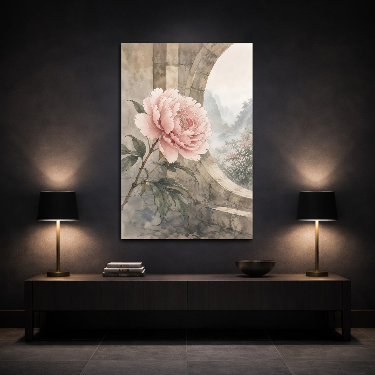 Mockup 3. Floral Peony Flower Pink Peony shown as stretched canvas wall art