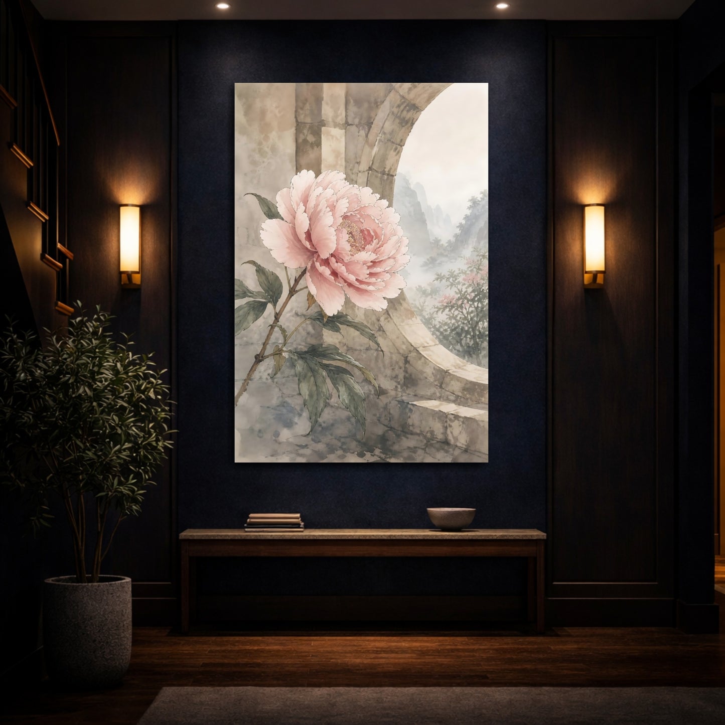Mockup 4. Floral Peony Flower Pink Peony shown as stretched canvas wall art