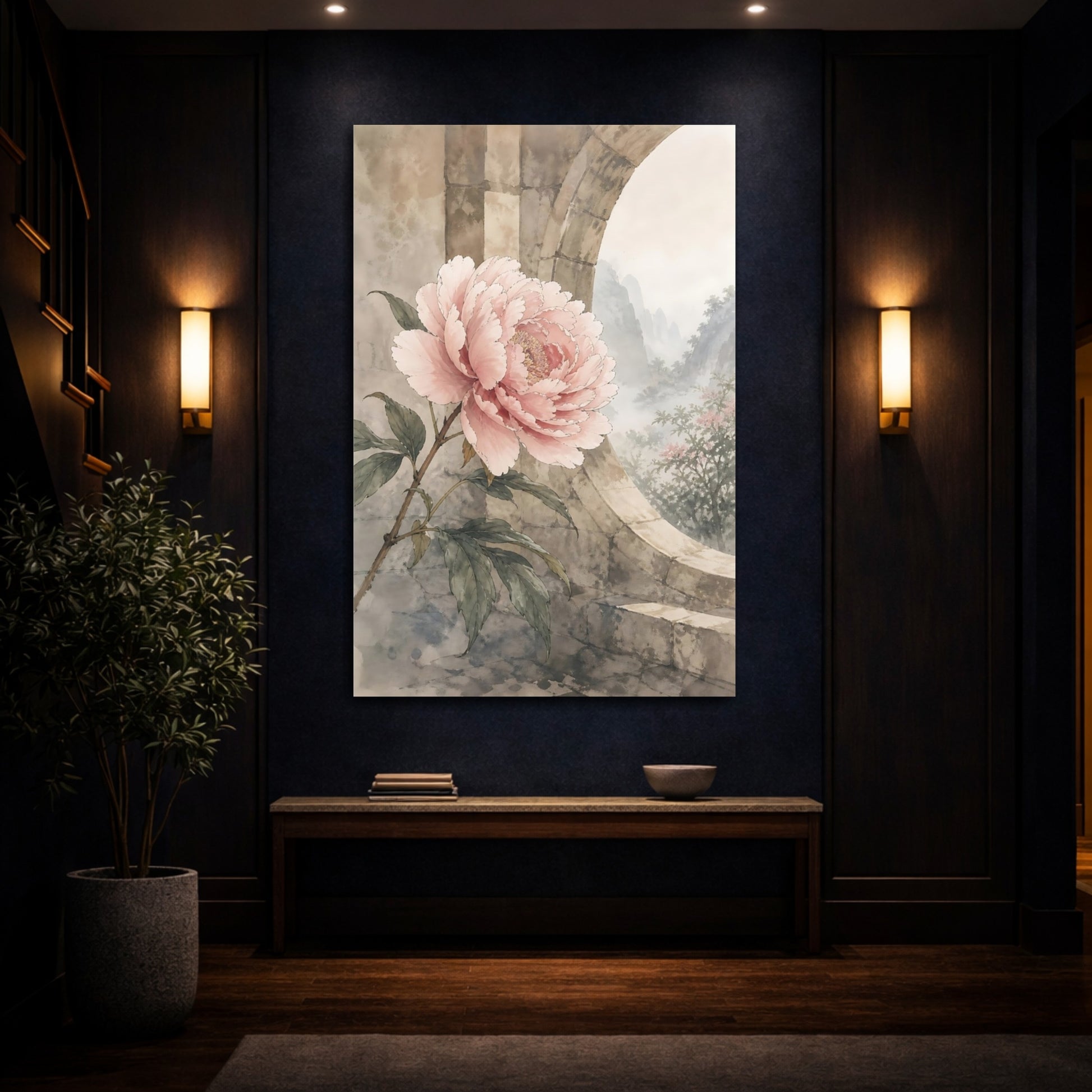 Mockup 4. Floral Peony Flower Pink Peony shown as stretched canvas wall art