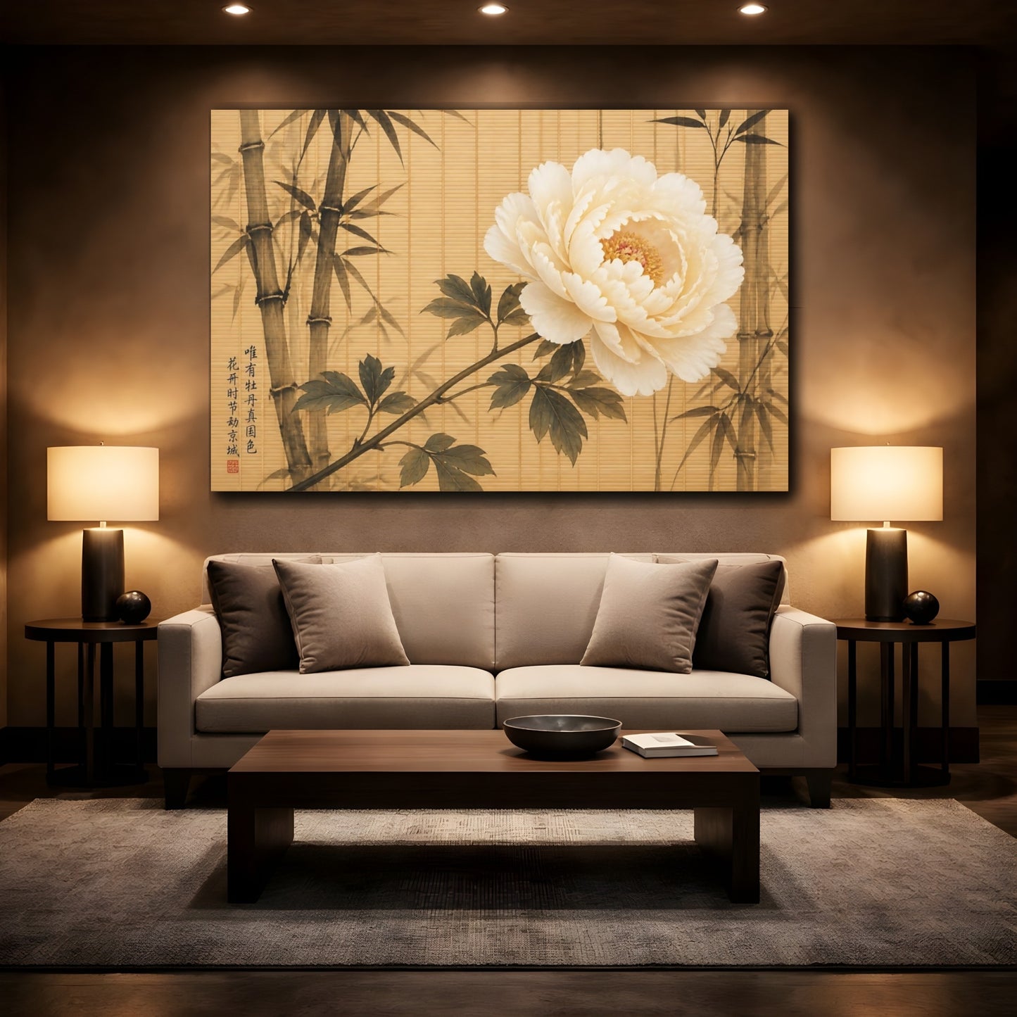 Mockup 2. Floral Peony Flower White Peony Bamboo shown as stretched canvas wall art