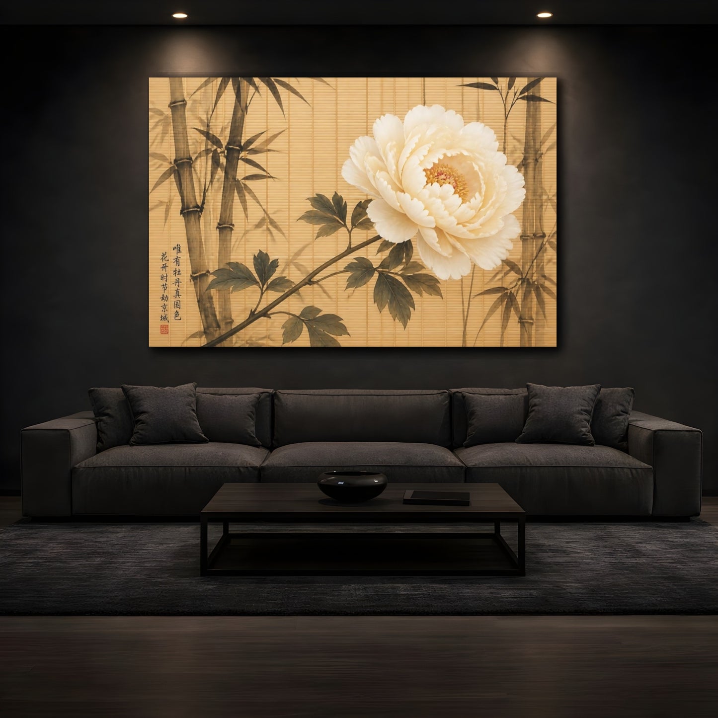 Mockup 3. Floral Peony Flower White Peony Bamboo shown as stretched canvas wall art