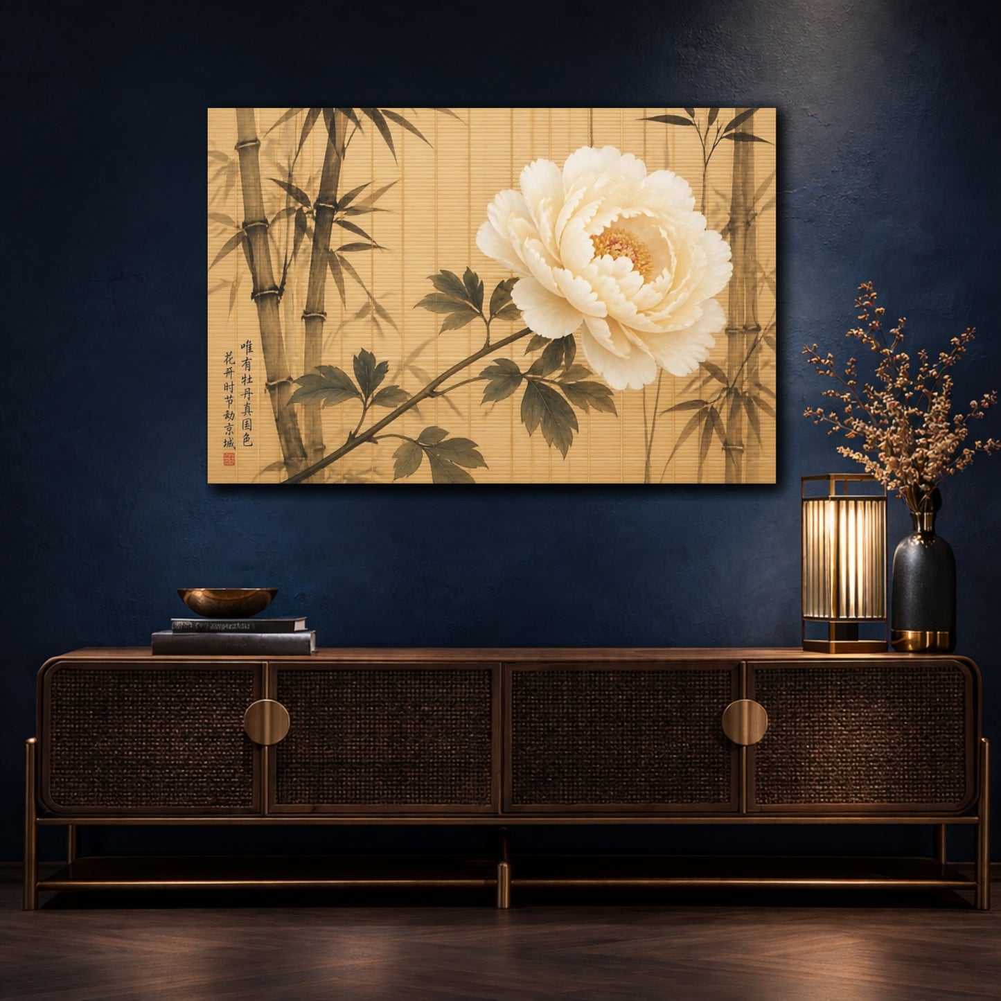 Mockup 4. Floral Peony Flower White Peony Bamboo shown as stretched canvas wall art