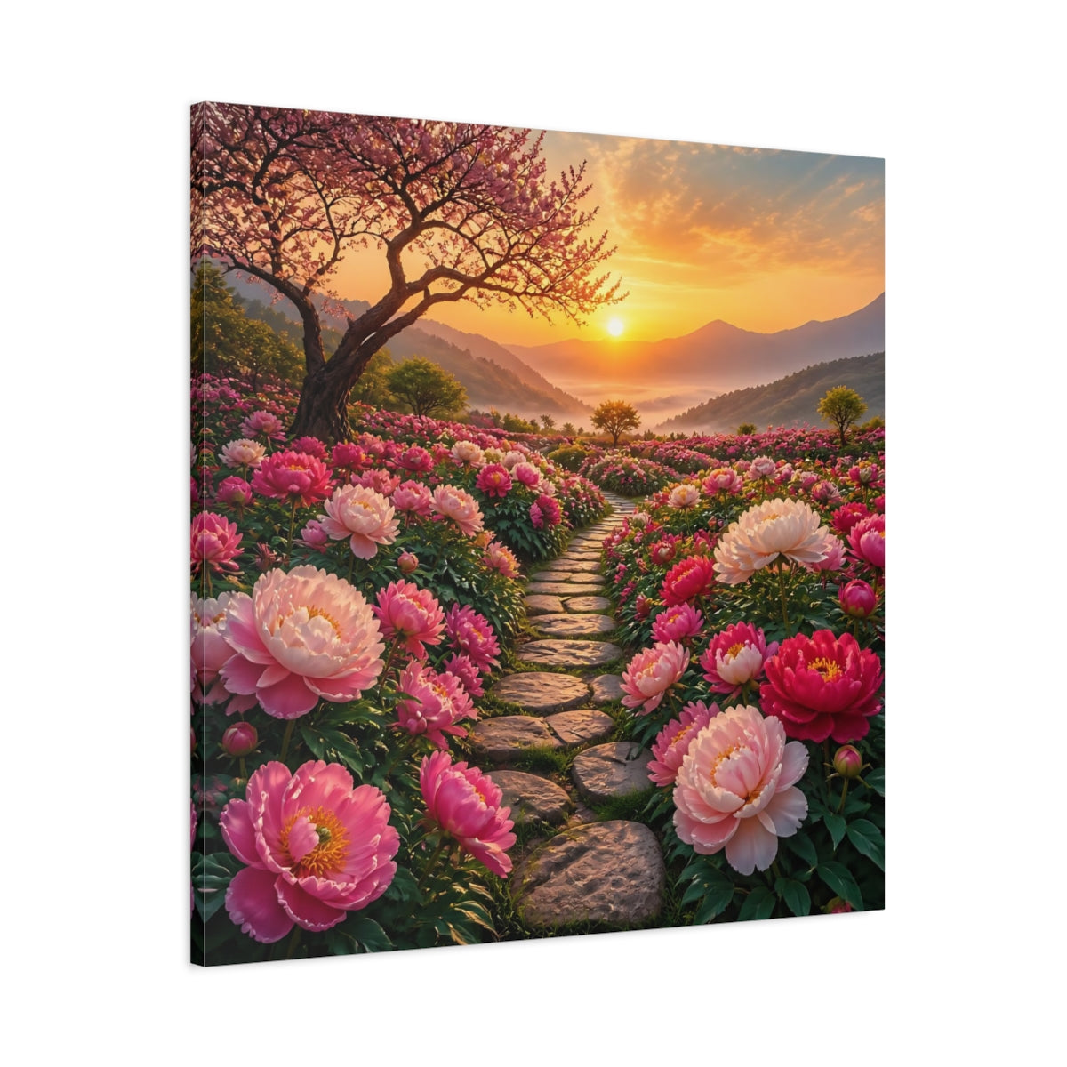 Main Mockup. Floral Peony Flowers Pink Floral Sunset shown as stretched canvas wall art