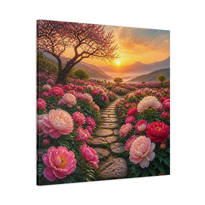 Main Mockup. Floral Peony Flowers Pink Floral Sunset shown as stretched canvas wall art