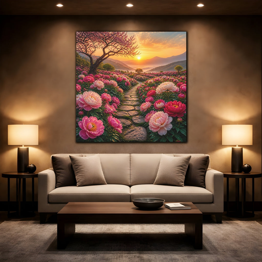 Mockup 2. Floral Peony Flowers Pink Floral Sunset shown as stretched canvas wall art