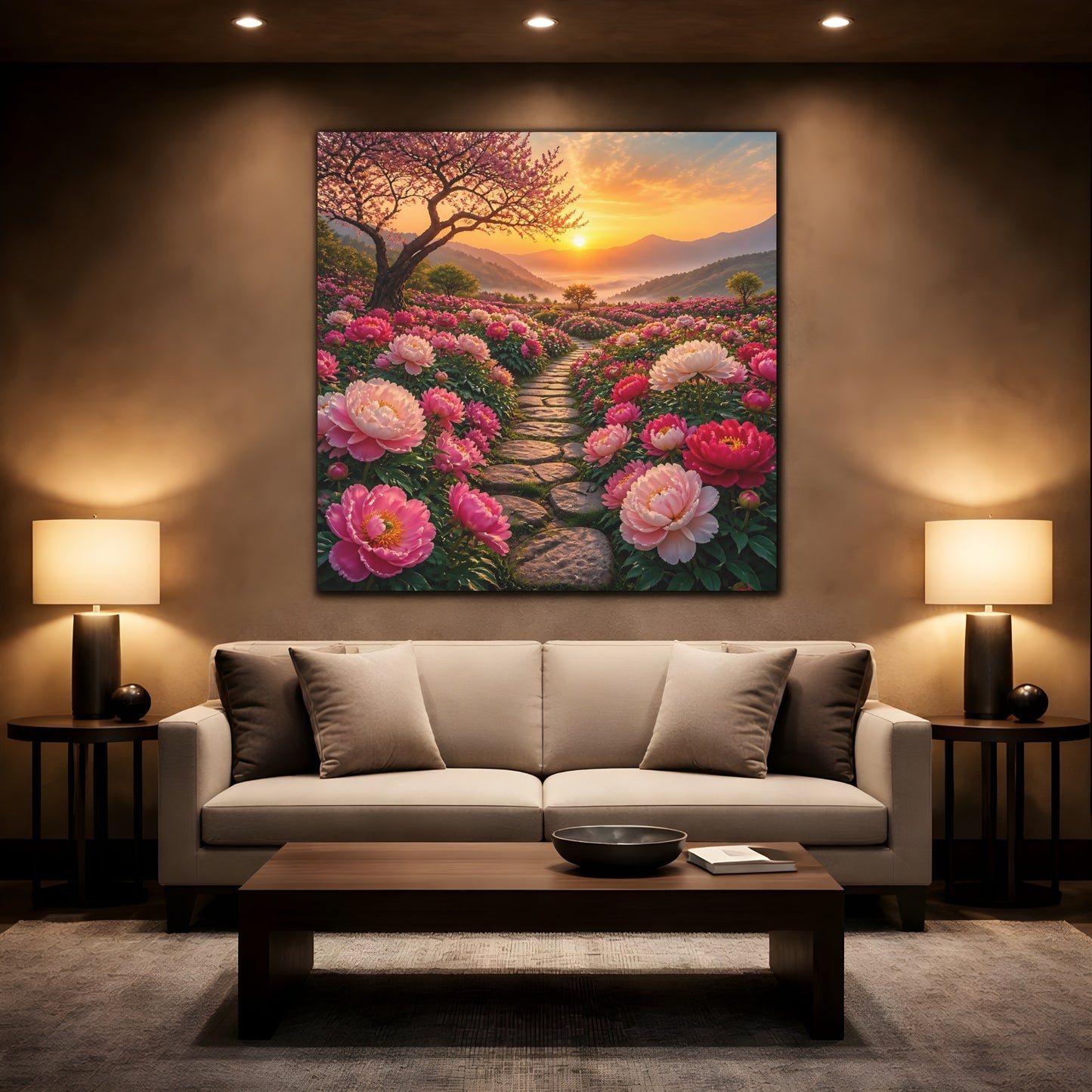 Mockup 2. Floral Peony Flowers Pink Floral Sunset shown as stretched canvas wall art