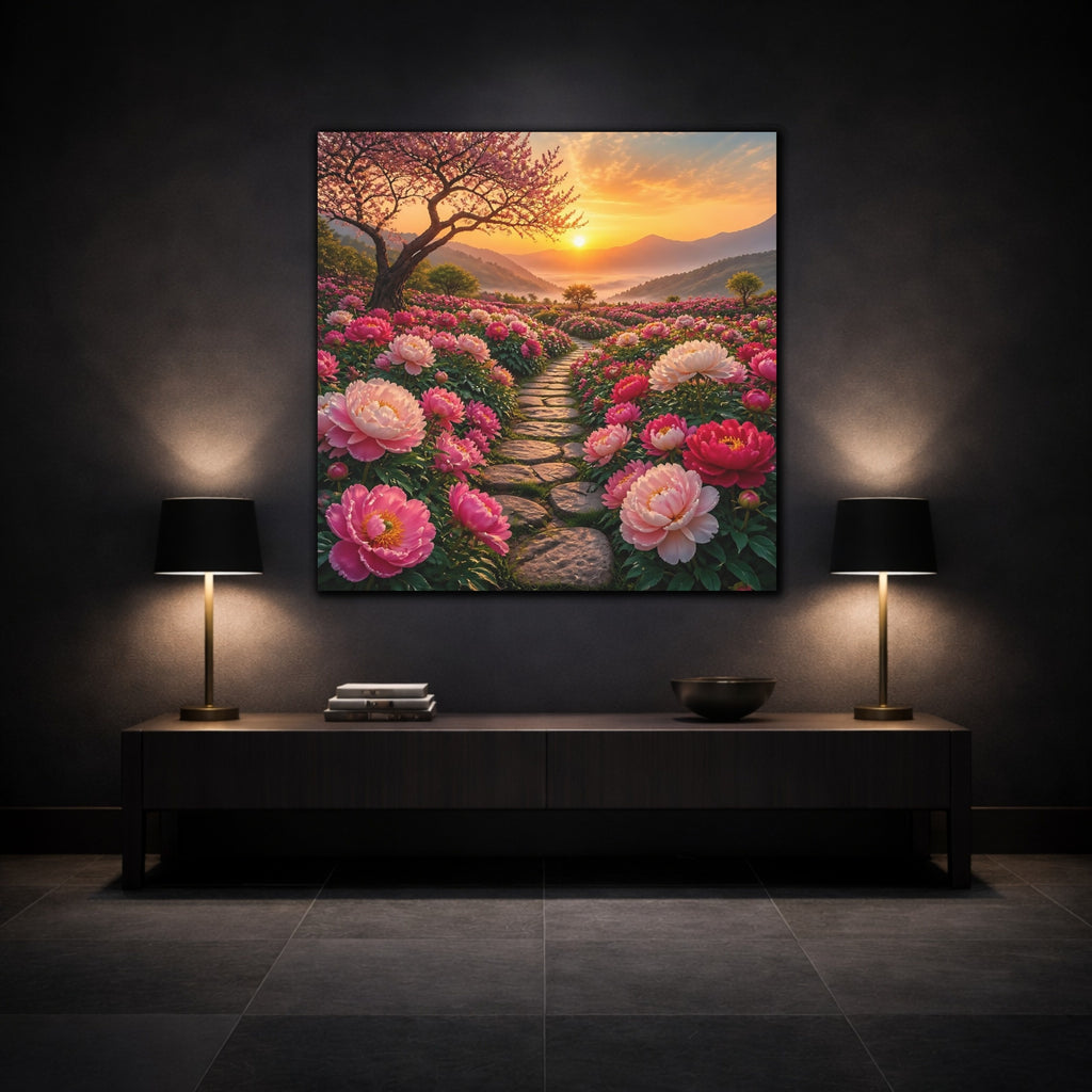 Mockup 3. Floral Peony Flowers Pink Floral Sunset shown as stretched canvas wall art
