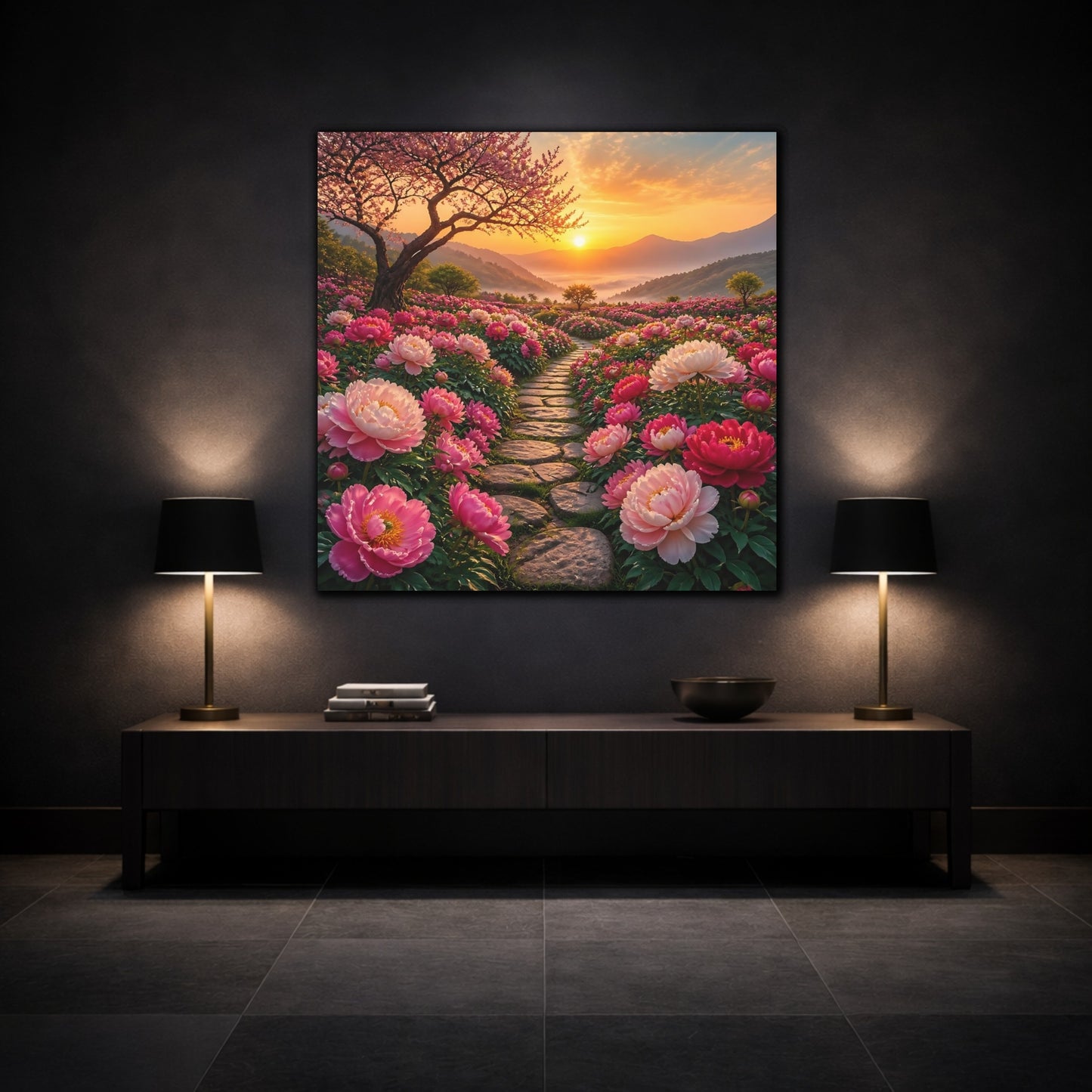Mockup 3. Floral Peony Flowers Pink Floral Sunset shown as stretched canvas wall art