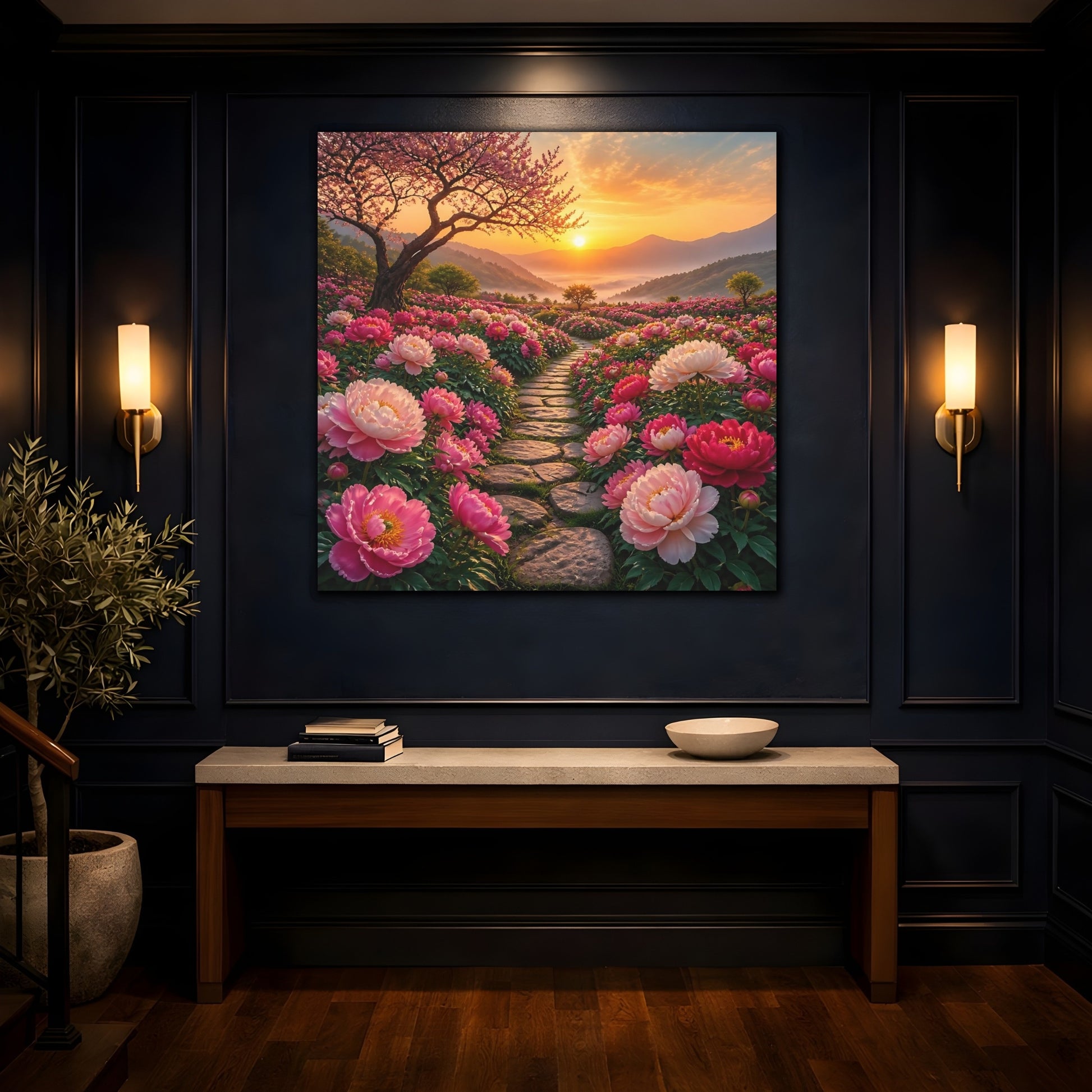 Mockup 4. Floral Peony Flowers Pink Floral Sunset shown as stretched canvas wall art