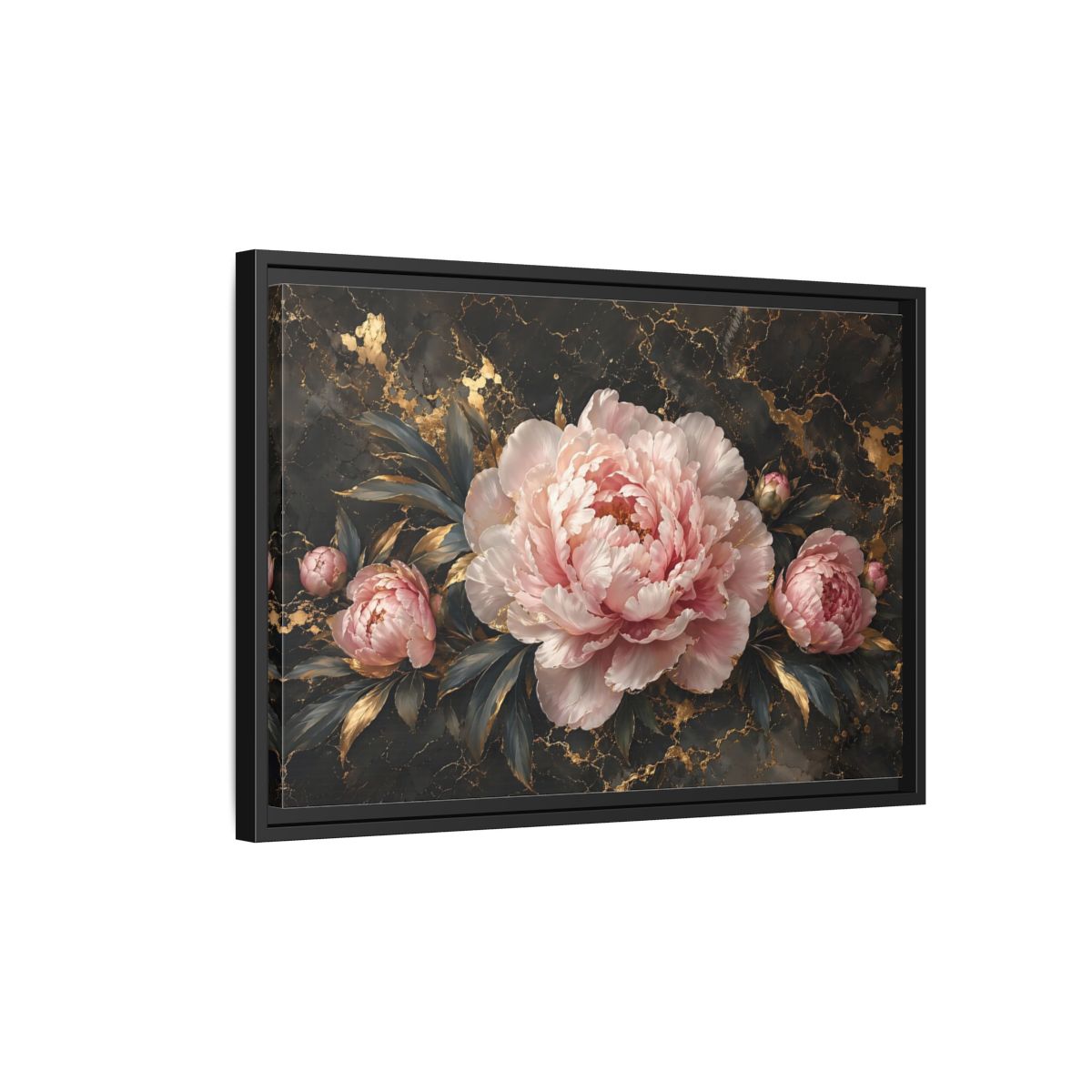 Side Mockup 3. Floral Peony Flowers Pink Peony Gold shown as stretched canvas wall art
