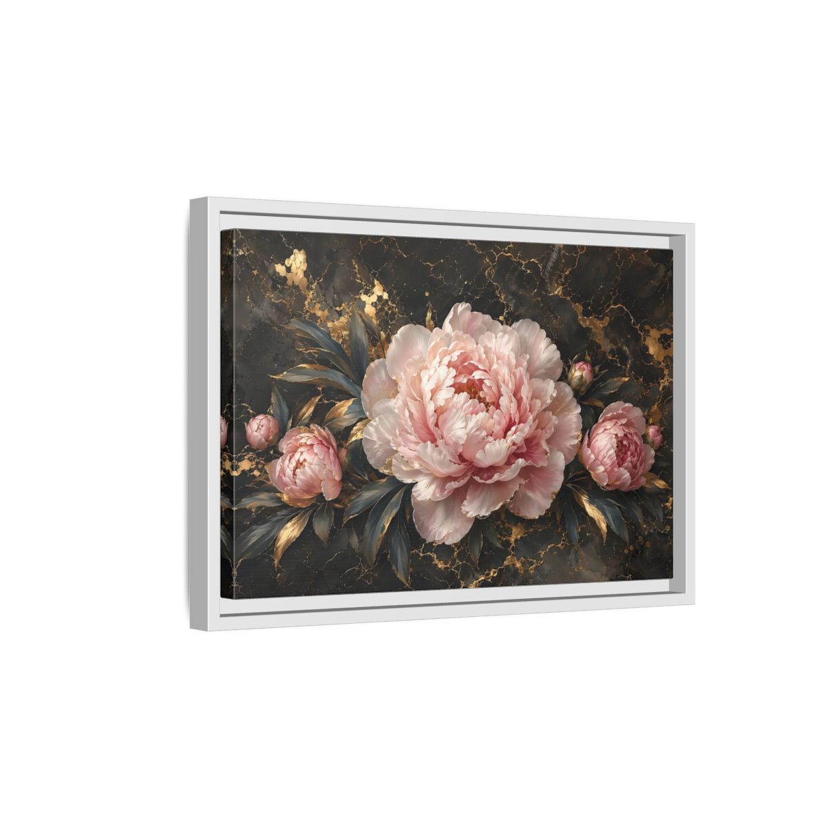Side Mockup 4. Floral Peony Flowers Pink Peony Gold shown as stretched canvas wall art