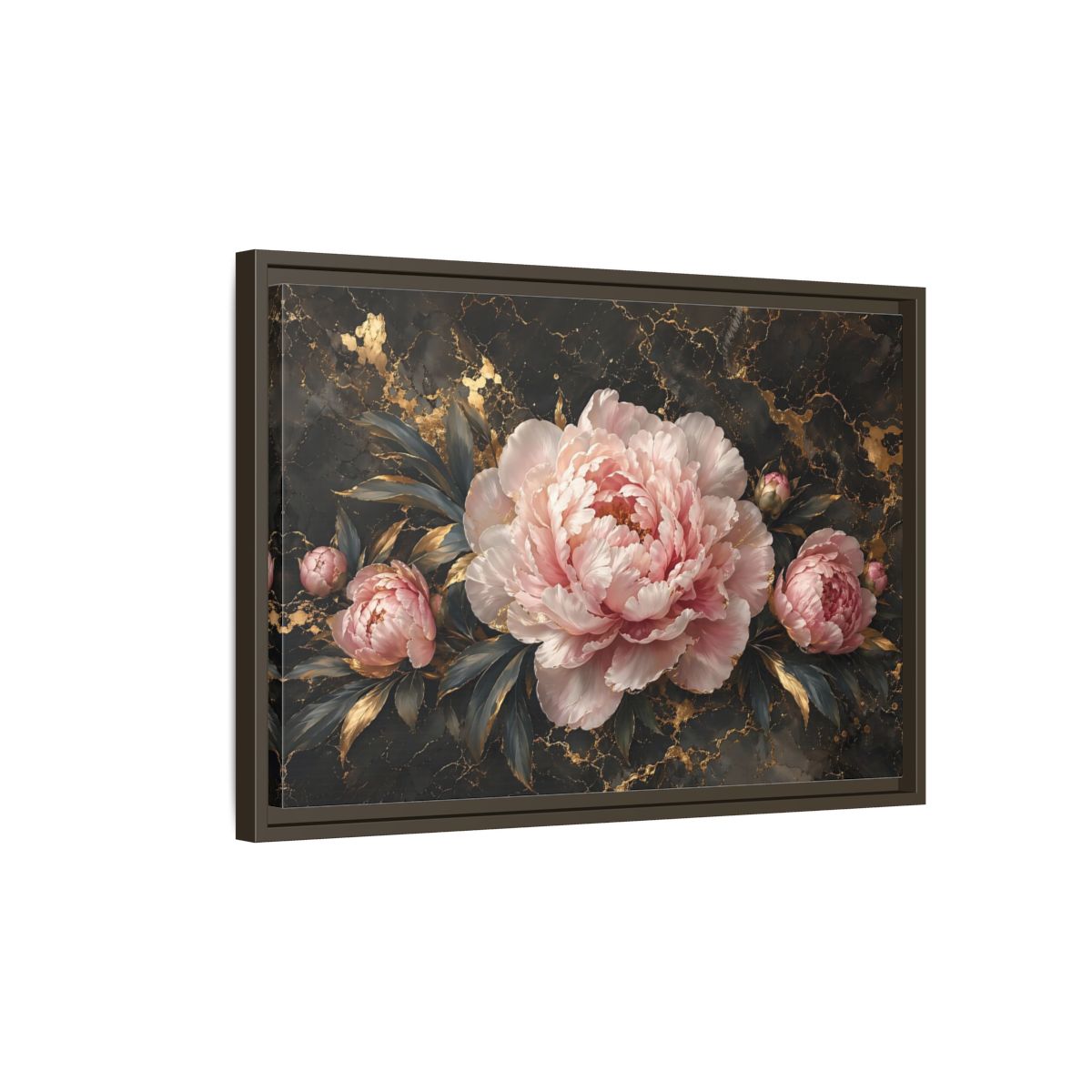 Side Mockup 2. Floral Peony Flowers Pink Peony Gold shown as stretched canvas wall art