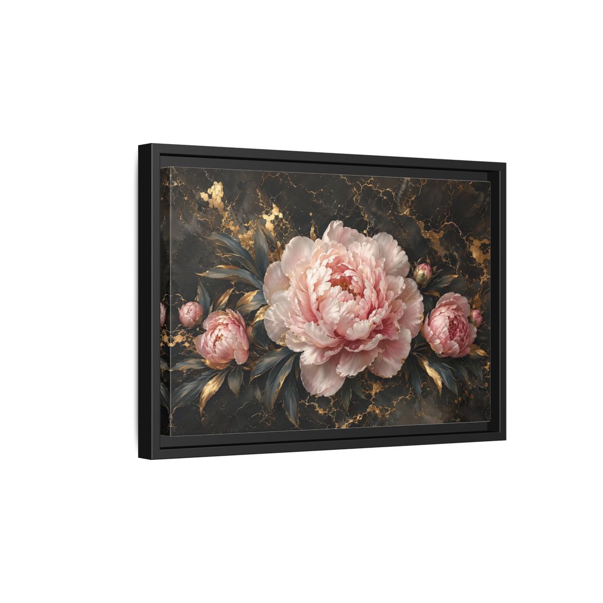 Side Mockup 6. Floral Peony Flowers Pink Peony Gold shown as stretched canvas wall art