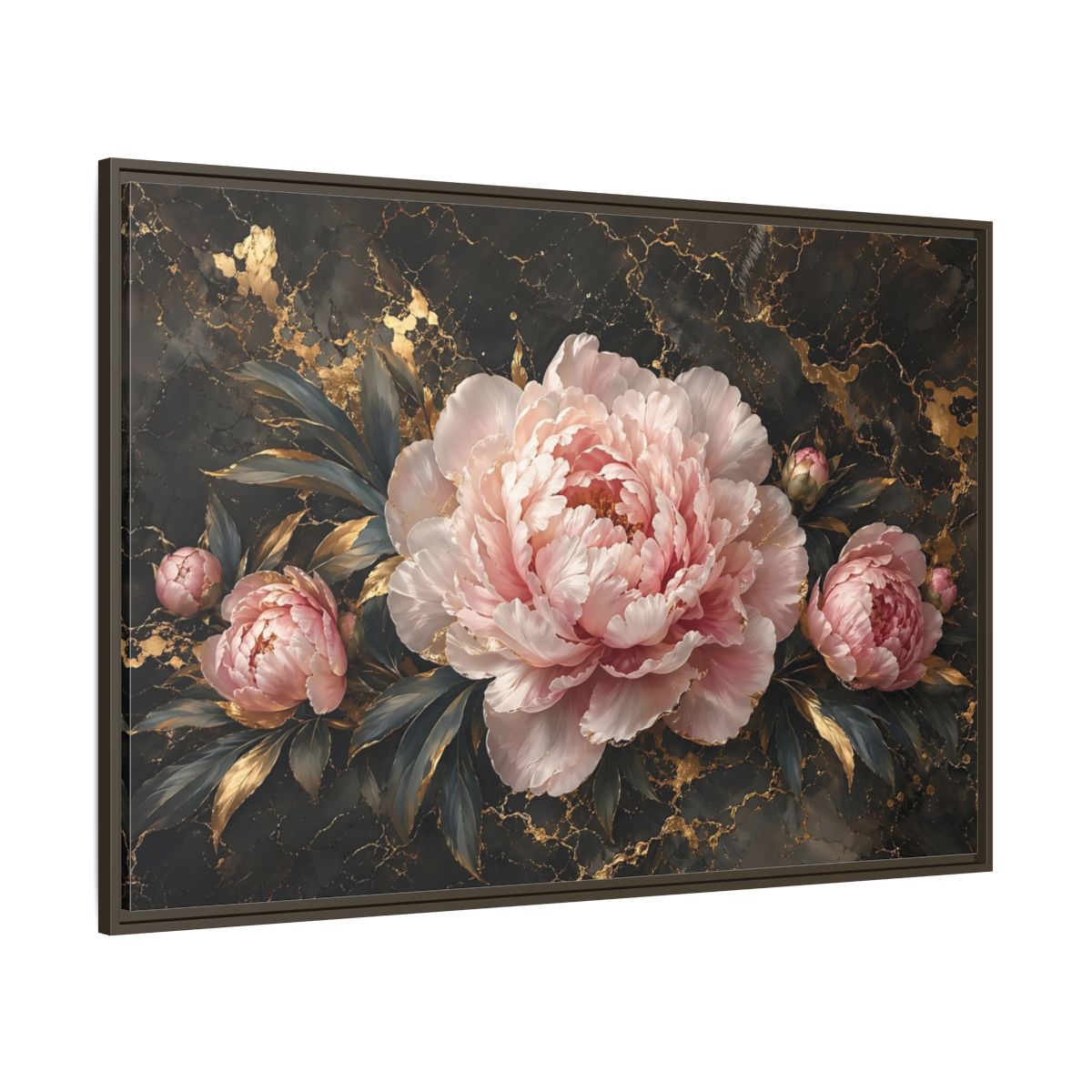 Side Mockup 8. Floral Peony Flowers Pink Peony Gold shown as stretched canvas wall art