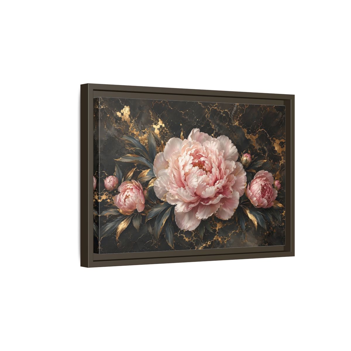 Side Mockup 5. Floral Peony Flowers Pink Peony Gold shown as stretched canvas wall art