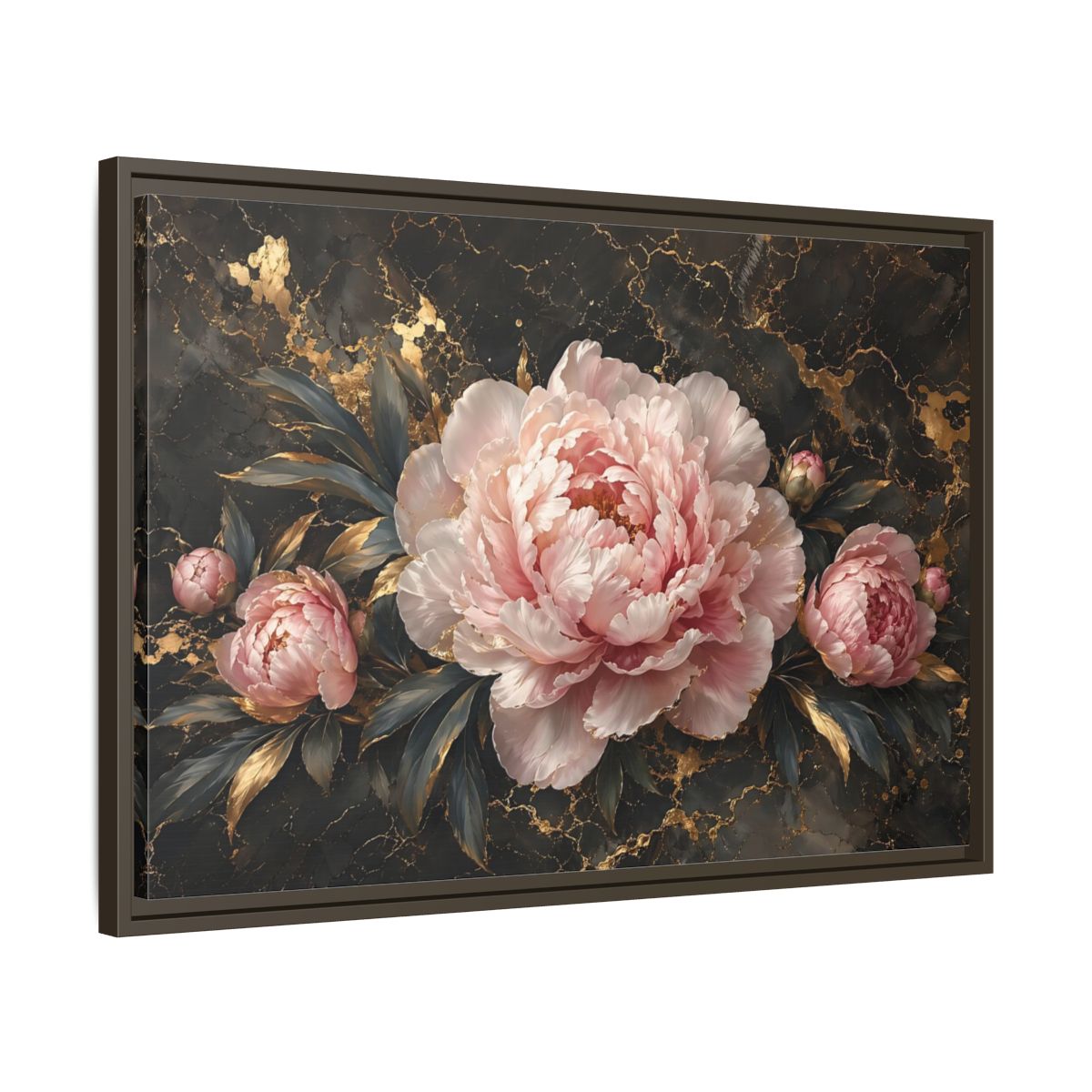 Side Mockup 11. Floral Peony Flowers Pink Peony Gold shown as stretched canvas wall art