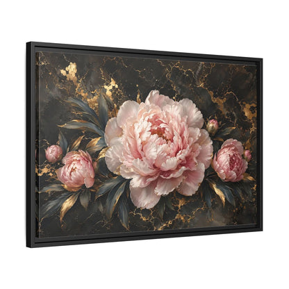 Side Mockup 14. Floral Peony Flowers Pink Peony Gold shown as stretched canvas wall art