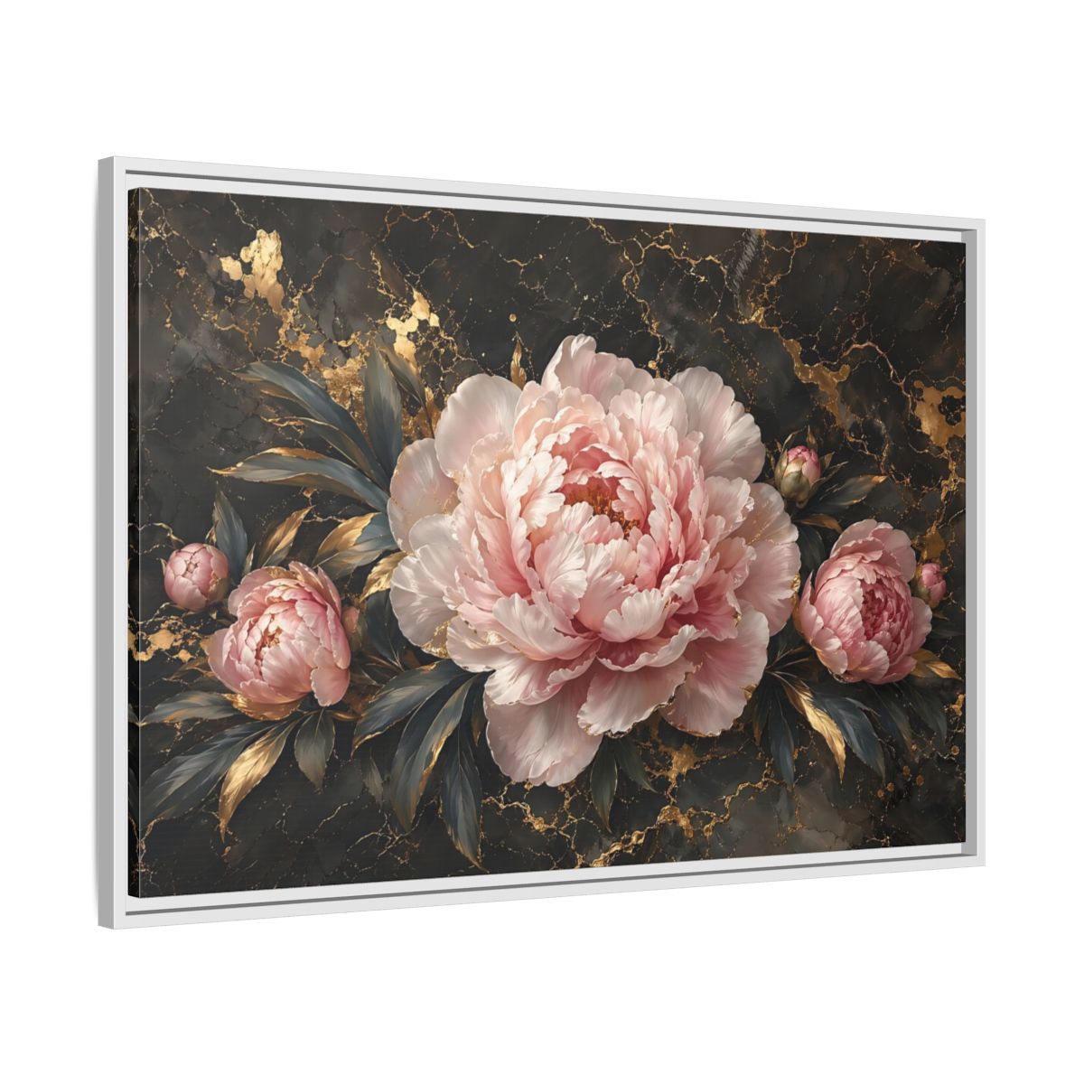 Side Mockup 9. Floral Peony Flowers Pink Peony Gold shown as stretched canvas wall art