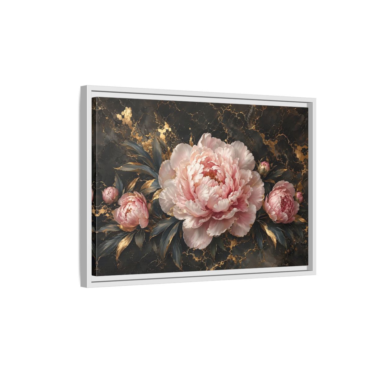 Side Mockup 1. Floral Peony Flowers Pink Peony Gold shown as stretched canvas wall art