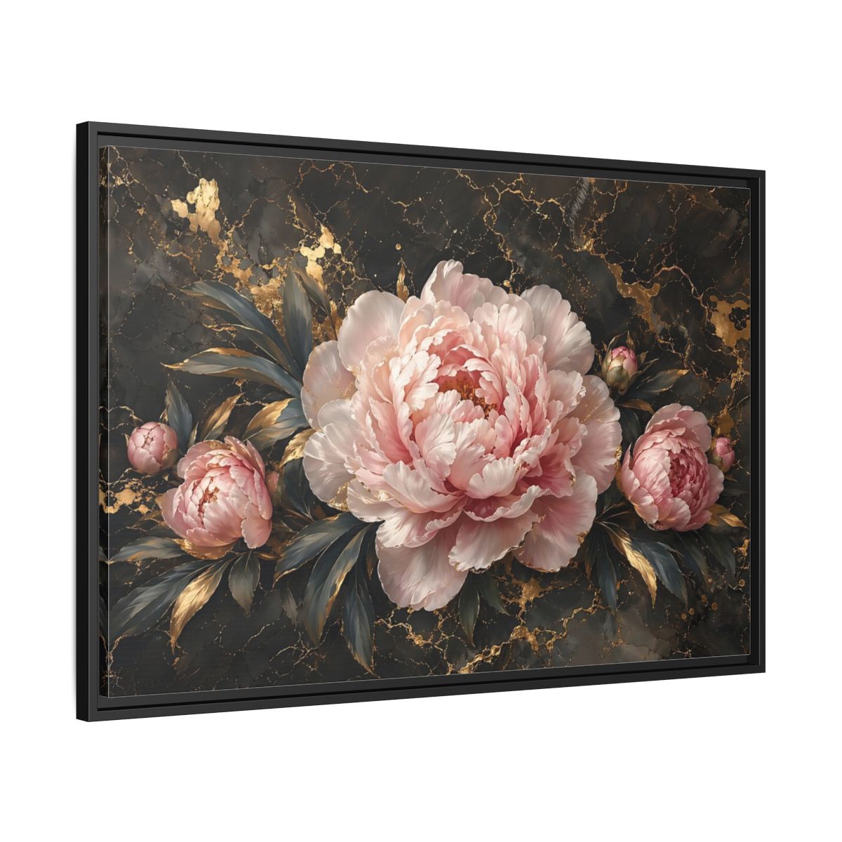 Side Mockup 13. Floral Peony Flowers Pink Peony Gold shown as stretched canvas wall art