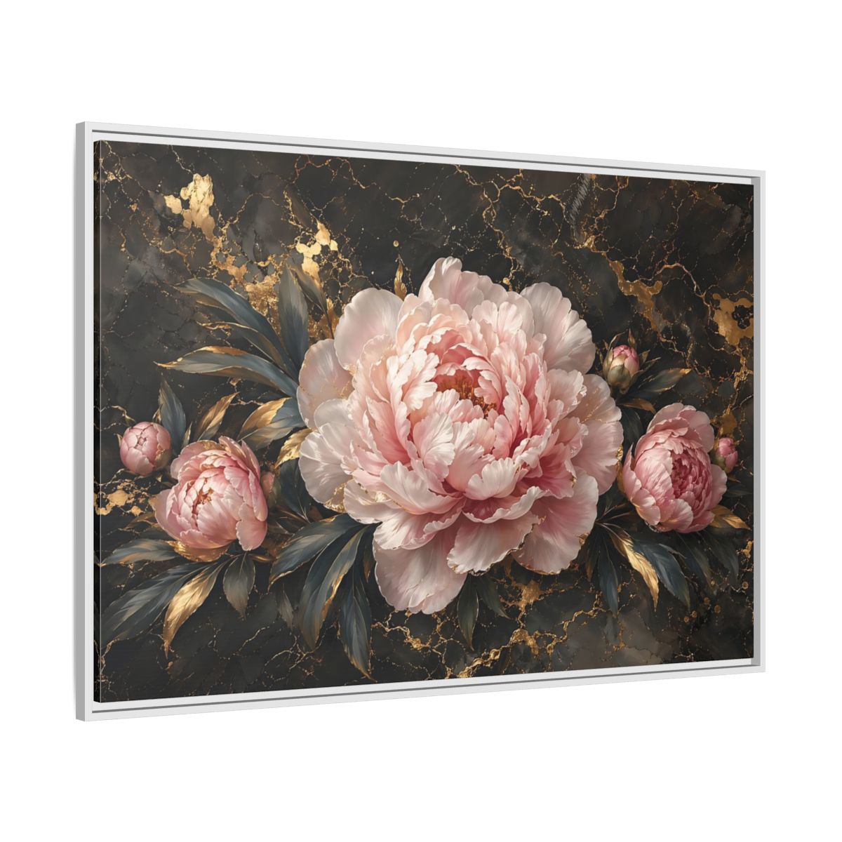 Side Mockup 7. Floral Peony Flowers Pink Peony Gold shown as stretched canvas wall art