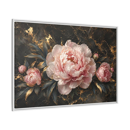 Side Mockup 7. Floral Peony Flowers Pink Peony Gold shown as stretched canvas wall art
