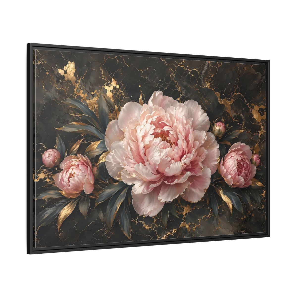 Side Mockup 12. Floral Peony Flowers Pink Peony Gold shown as stretched canvas wall art