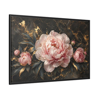 Side Mockup 12. Floral Peony Flowers Pink Peony Gold shown as stretched canvas wall art