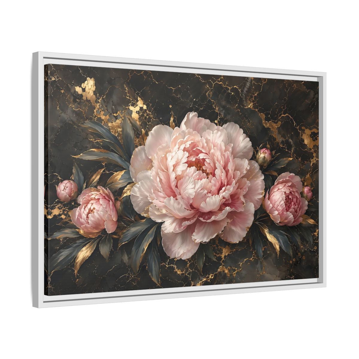 Side Mockup 10. Floral Peony Flowers Pink Peony Gold shown as stretched canvas wall art