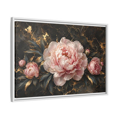 Side Mockup 10. Floral Peony Flowers Pink Peony Gold shown as stretched canvas wall art