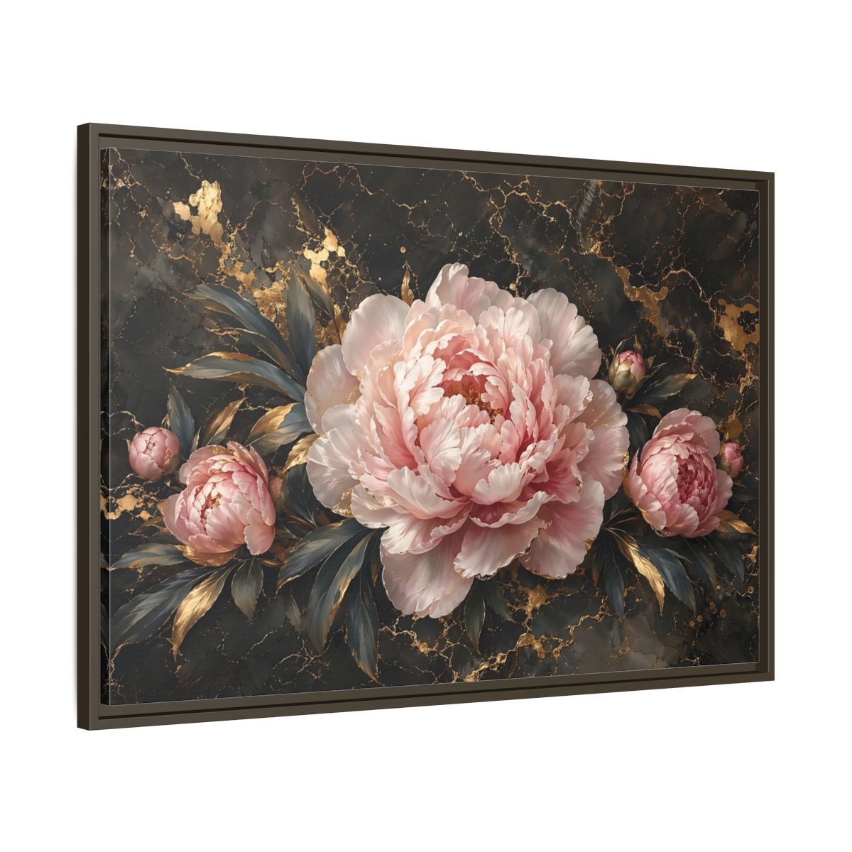Main Mockup. Floral Peony Flowers Pink Peony Gold shown as stretched canvas wall art