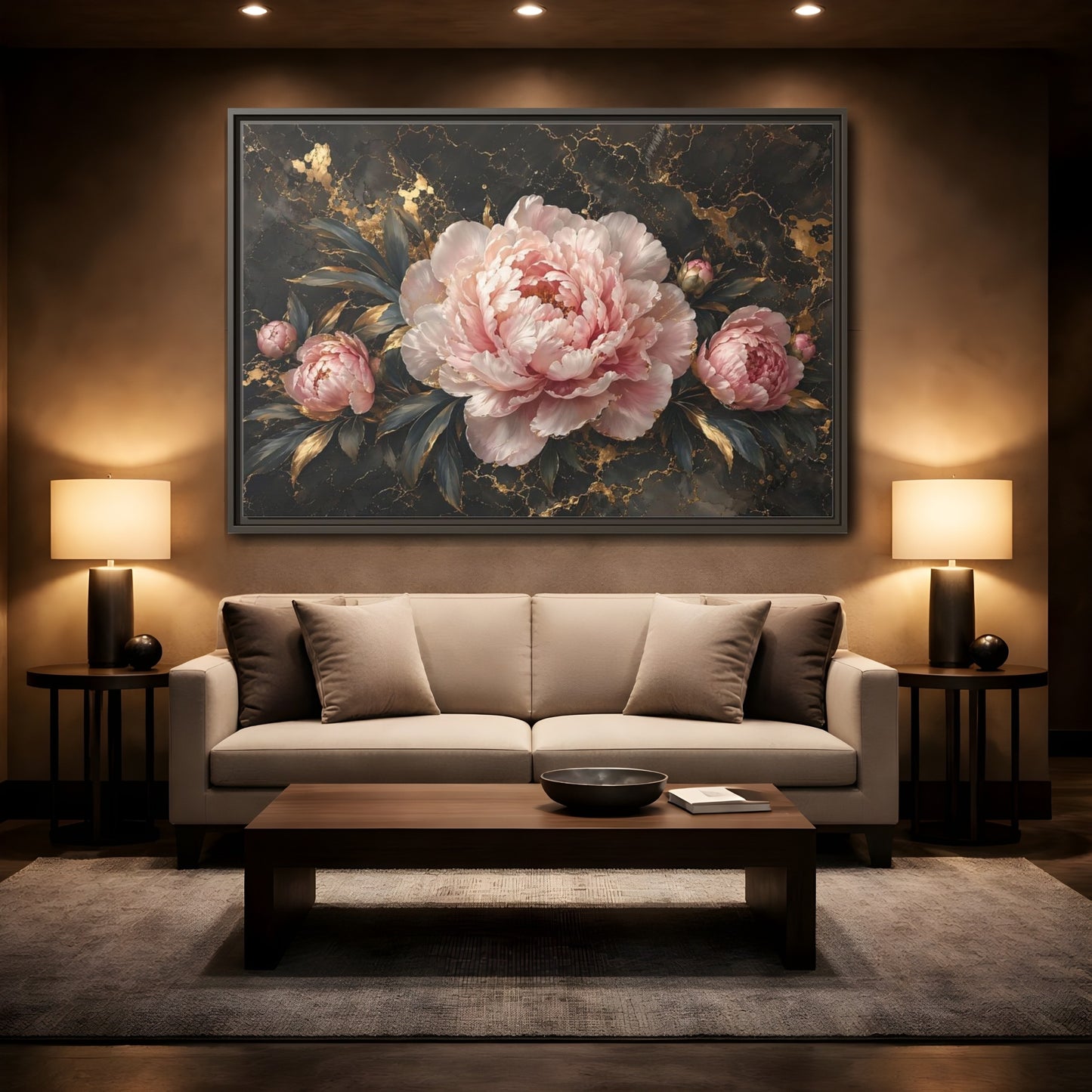 Mockup 2. Floral Peony Flowers Pink Peony Gold shown as stretched canvas wall art