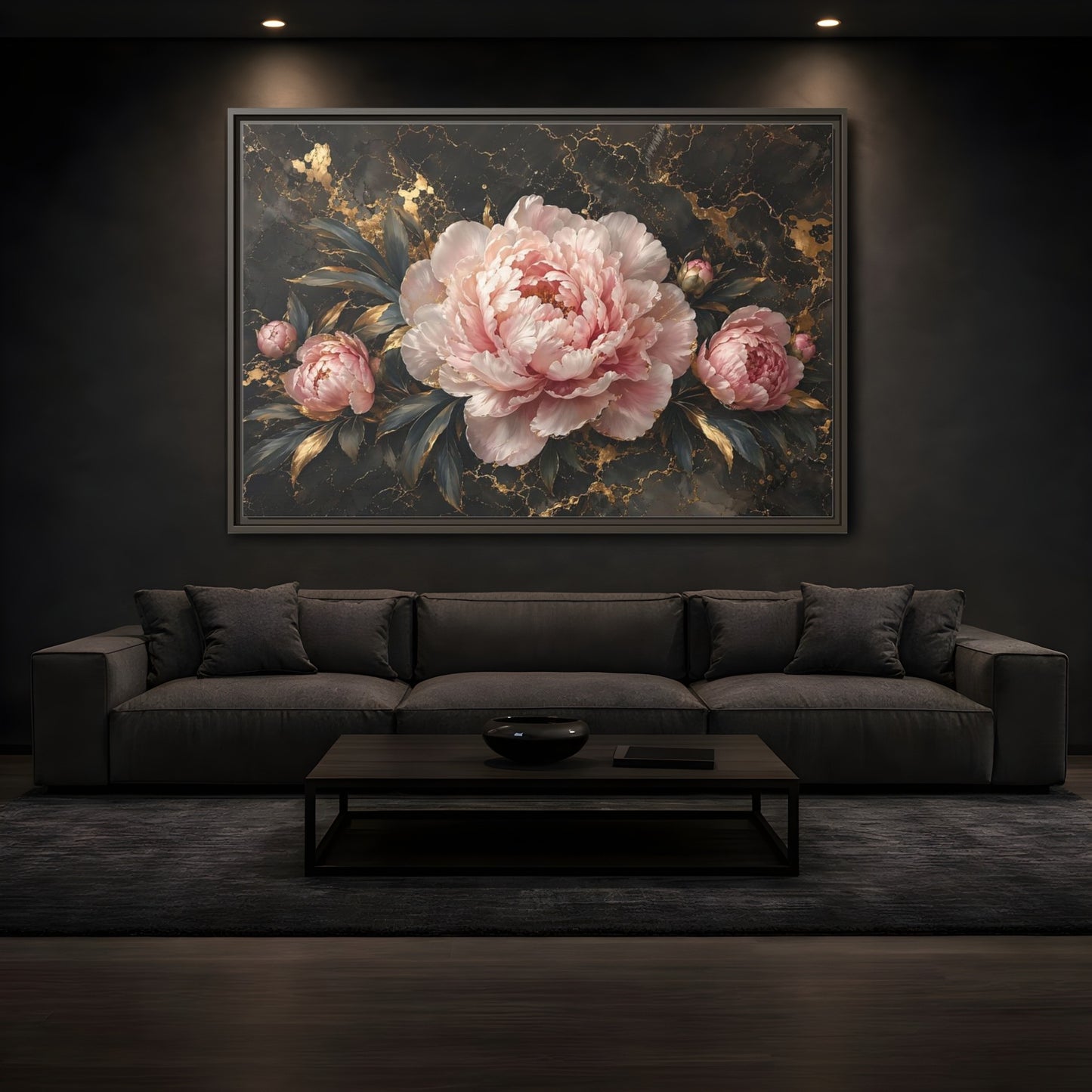 Mockup 3. Floral Peony Flowers Pink Peony Gold shown as stretched canvas wall art