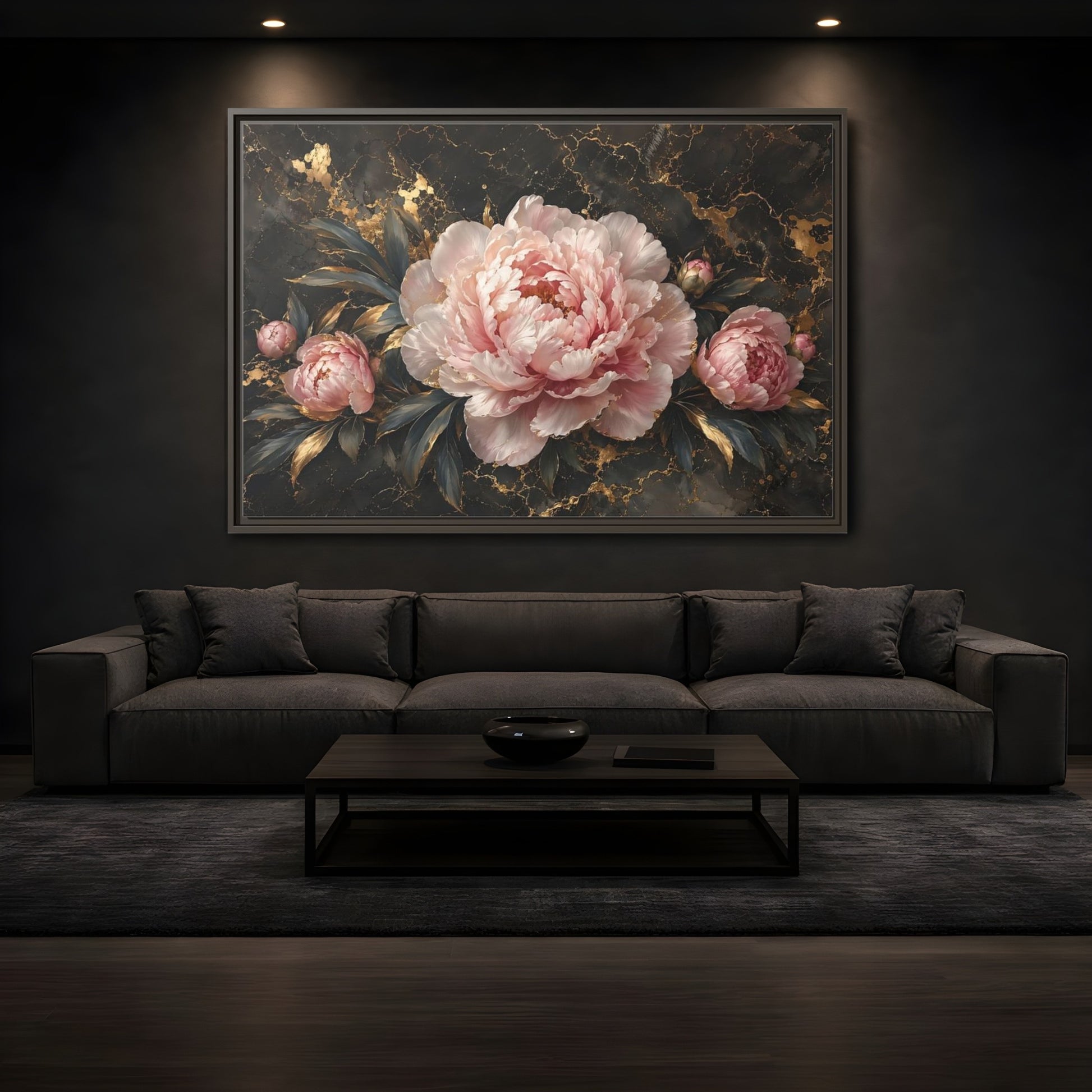 Mockup 3. Floral Peony Flowers Pink Peony Gold shown as stretched canvas wall art