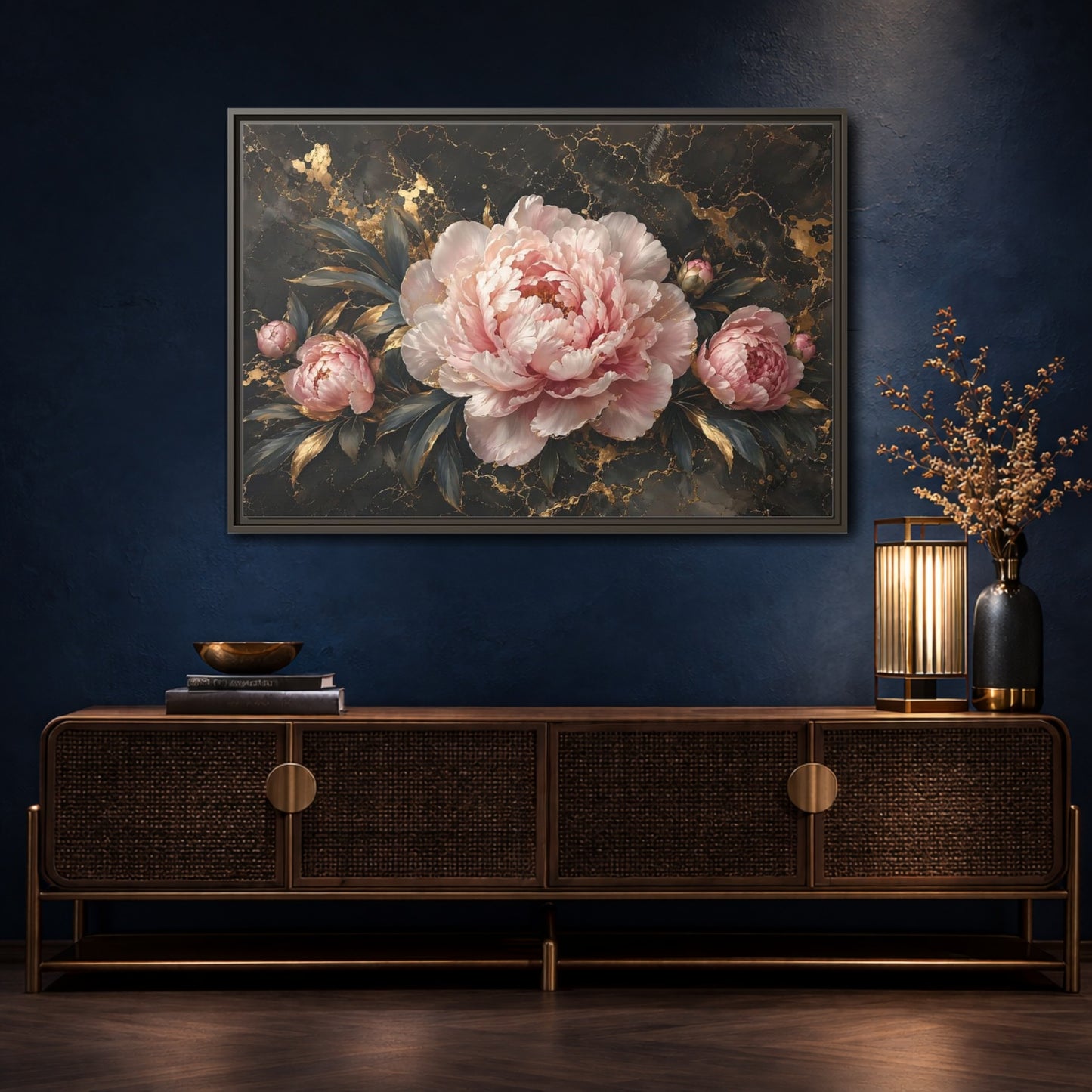 Mockup 4. Floral Peony Flowers Pink Peony Gold shown as stretched canvas wall art