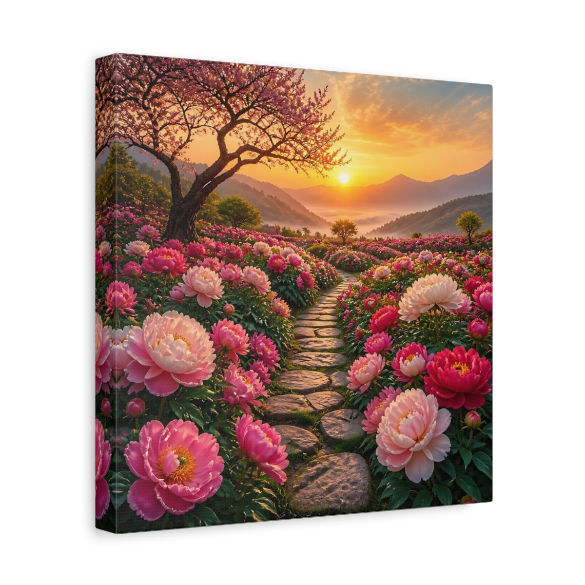 Side Mockup 8. Floral Peony Flowers Pink Floral Sunset shown as stretched canvas wall art