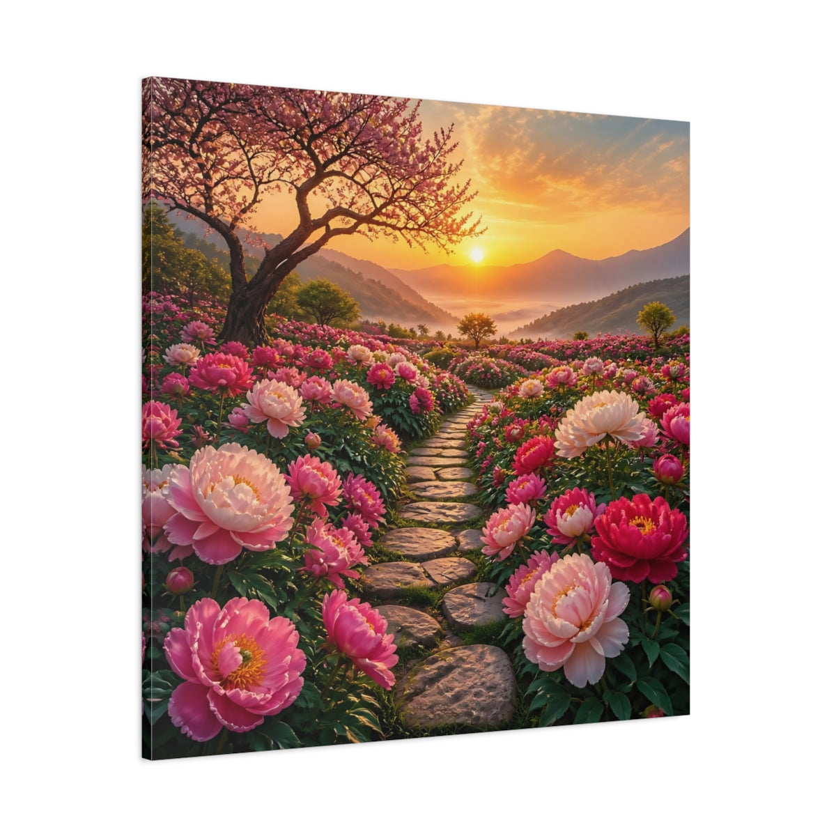 Side Mockup 1. Floral Peony Flowers Pink Floral Sunset shown as stretched canvas wall art