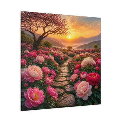 Side Mockup 1. Floral Peony Flowers Pink Floral Sunset shown as stretched canvas wall art