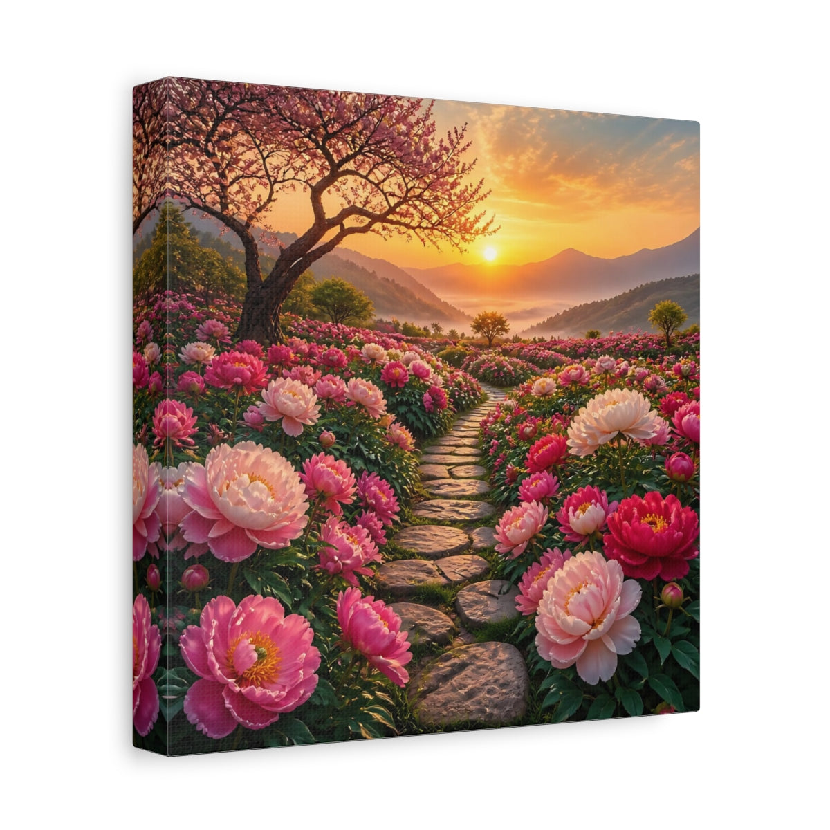 Side Mockup 9. Floral Peony Flowers Pink Floral Sunset shown as stretched canvas wall art
