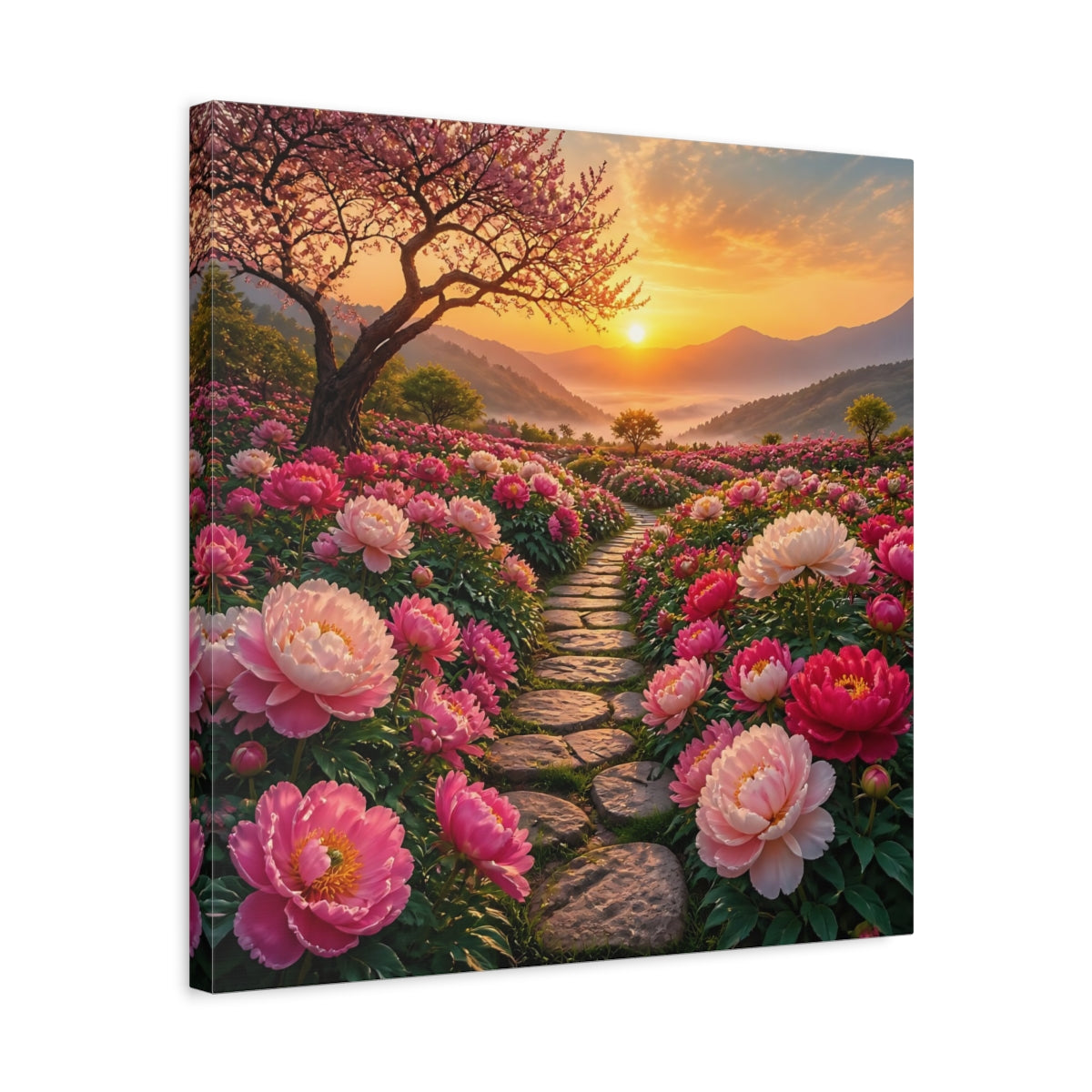 Side Mockup 5. Floral Peony Flowers Pink Floral Sunset shown as stretched canvas wall art