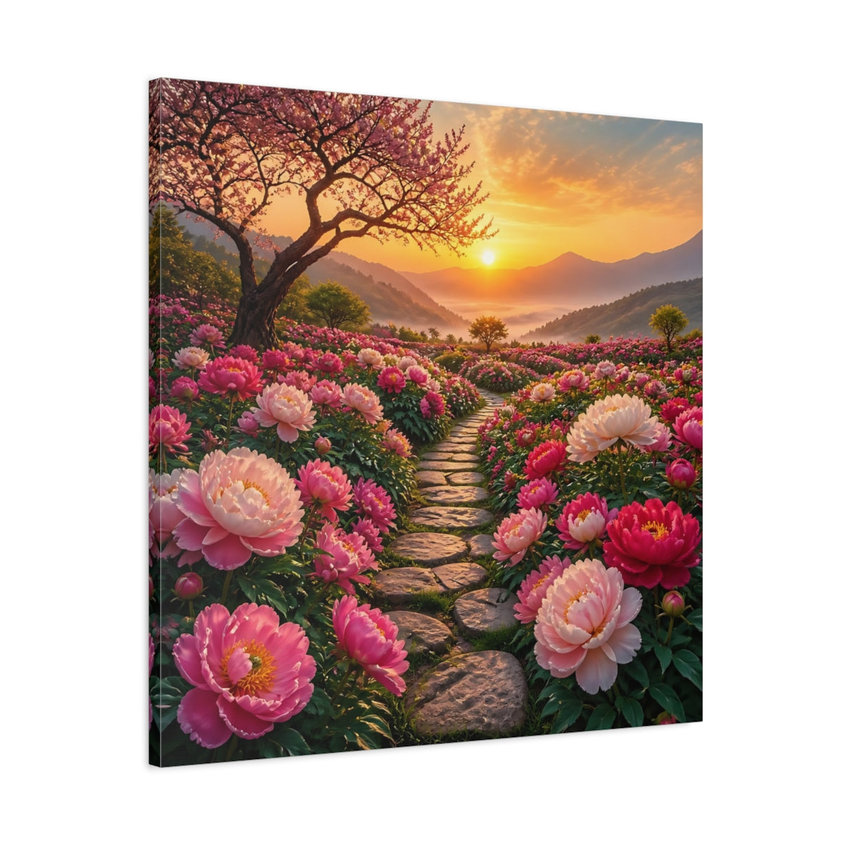 Side Mockup 3. Floral Peony Flowers Pink Floral Sunset shown as stretched canvas wall art