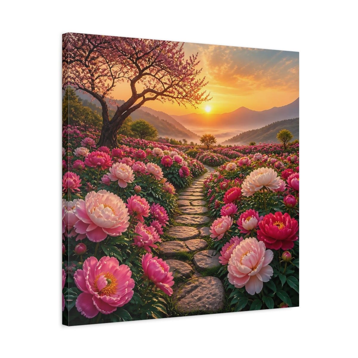 Side Mockup 4. Floral Peony Flowers Pink Floral Sunset shown as stretched canvas wall art