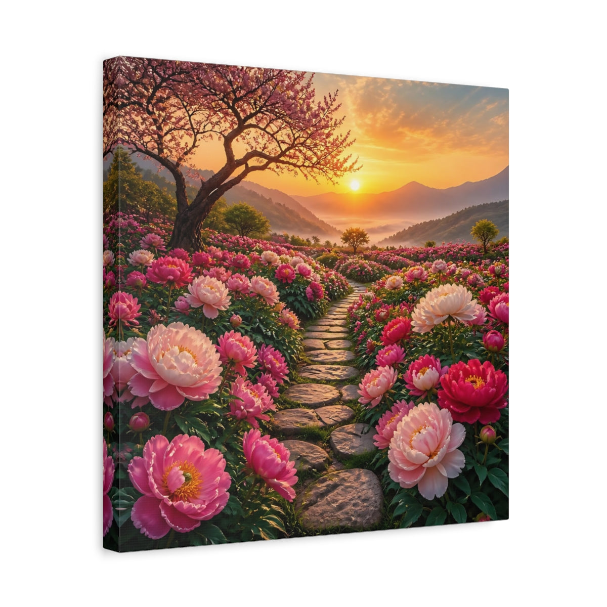 Side Mockup 6. Floral Peony Flowers Pink Floral Sunset shown as stretched canvas wall art