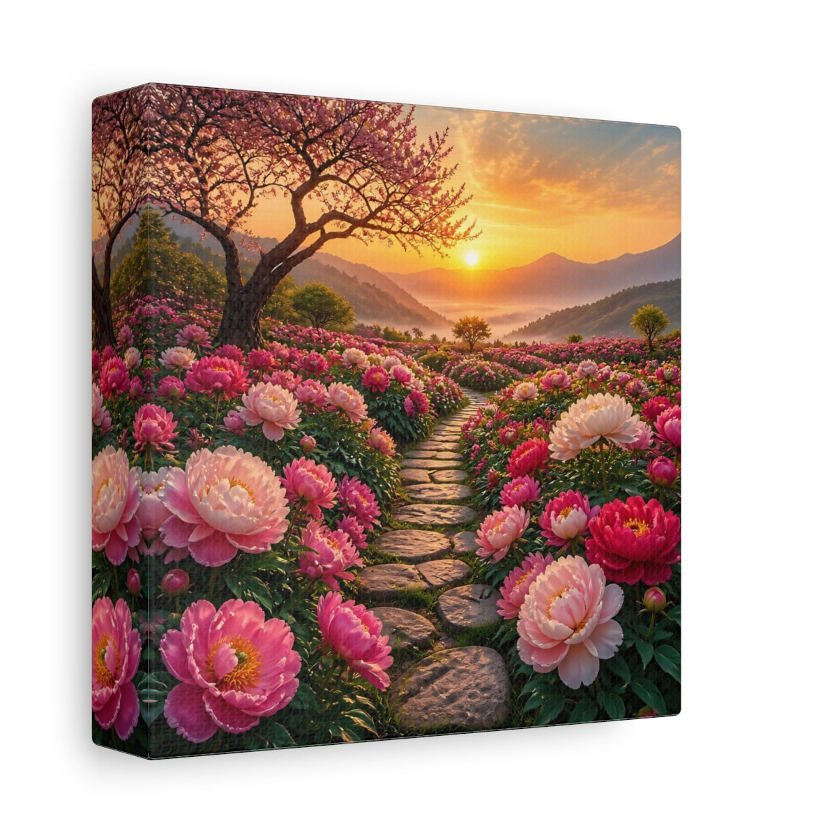 Side Mockup 2. Floral Peony Flowers Pink Floral Sunset shown as stretched canvas wall art
