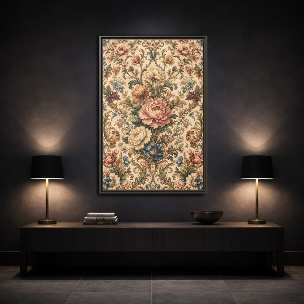 Mockup 3. Floral Peony Flowers Vintage Floral shown as stretched canvas wall art